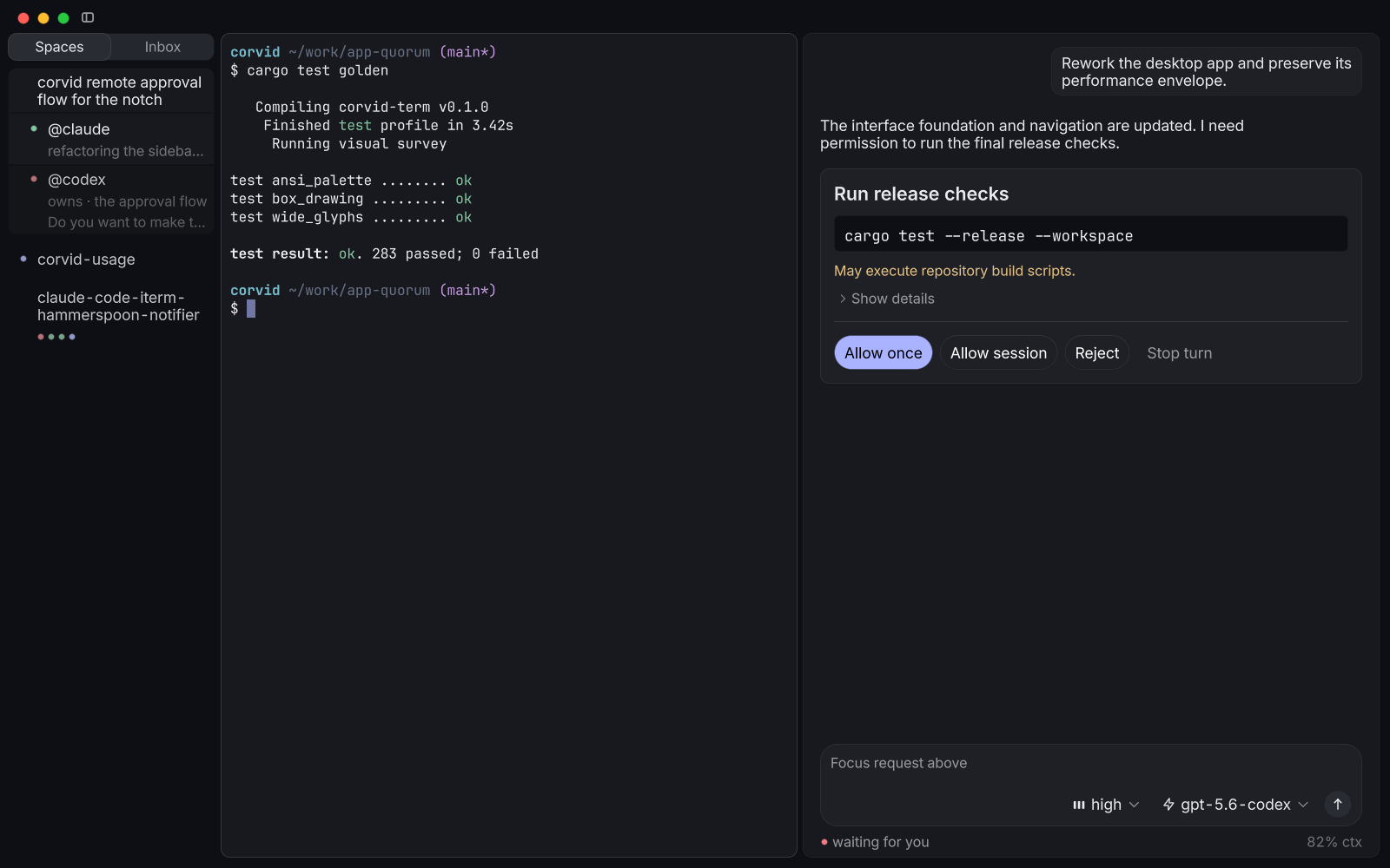 Raven with a project sidebar, a shell running tests, and a coding agent asking for approval.